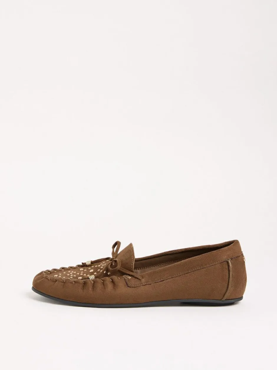 Lipsy Faux Leather Studded Casual Moccasin Loafers Chocolate Brown Outlet