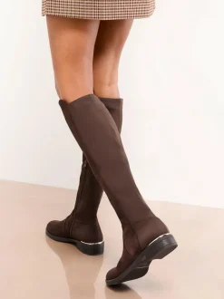 Lipsy Standard fit Faux Suede Elasticated Flat Knee High Casual Boots Chocolate Brown Sale