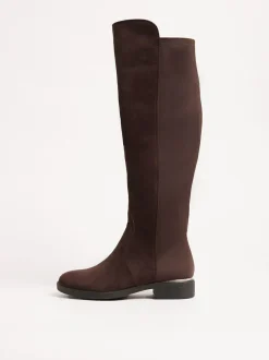 Lipsy Standard fit Faux Suede Elasticated Flat Knee High Casual Boots Chocolate Brown Sale