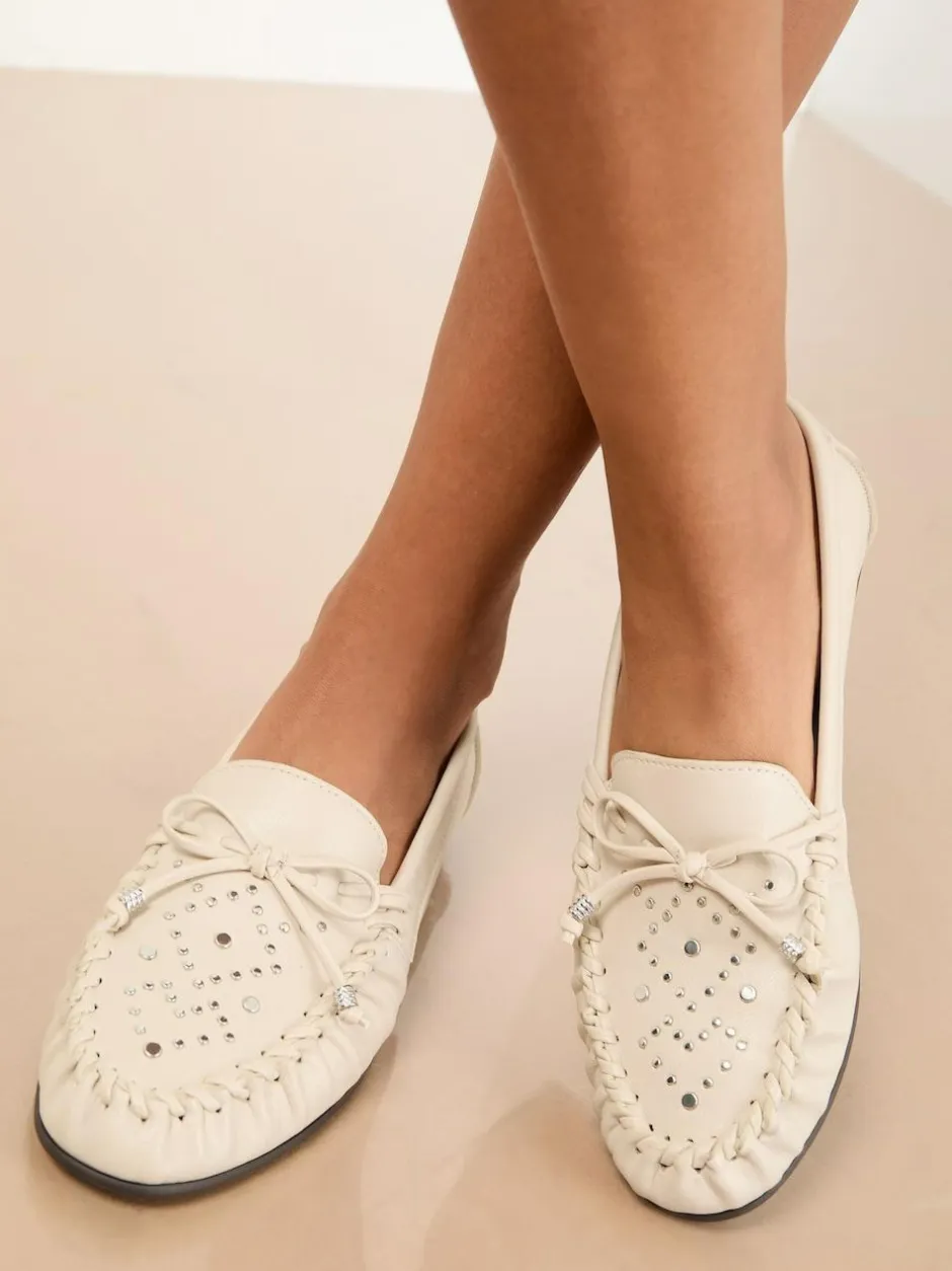 Lipsy Faux Leather Studded Casual Moccasin Loafers Cream