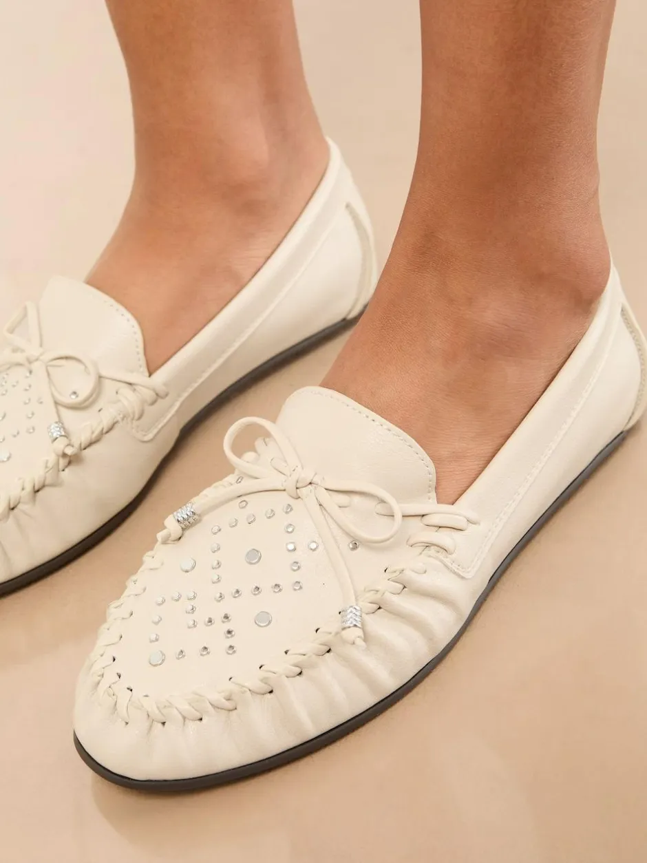 Lipsy Faux Leather Studded Casual Moccasin Loafers Cream