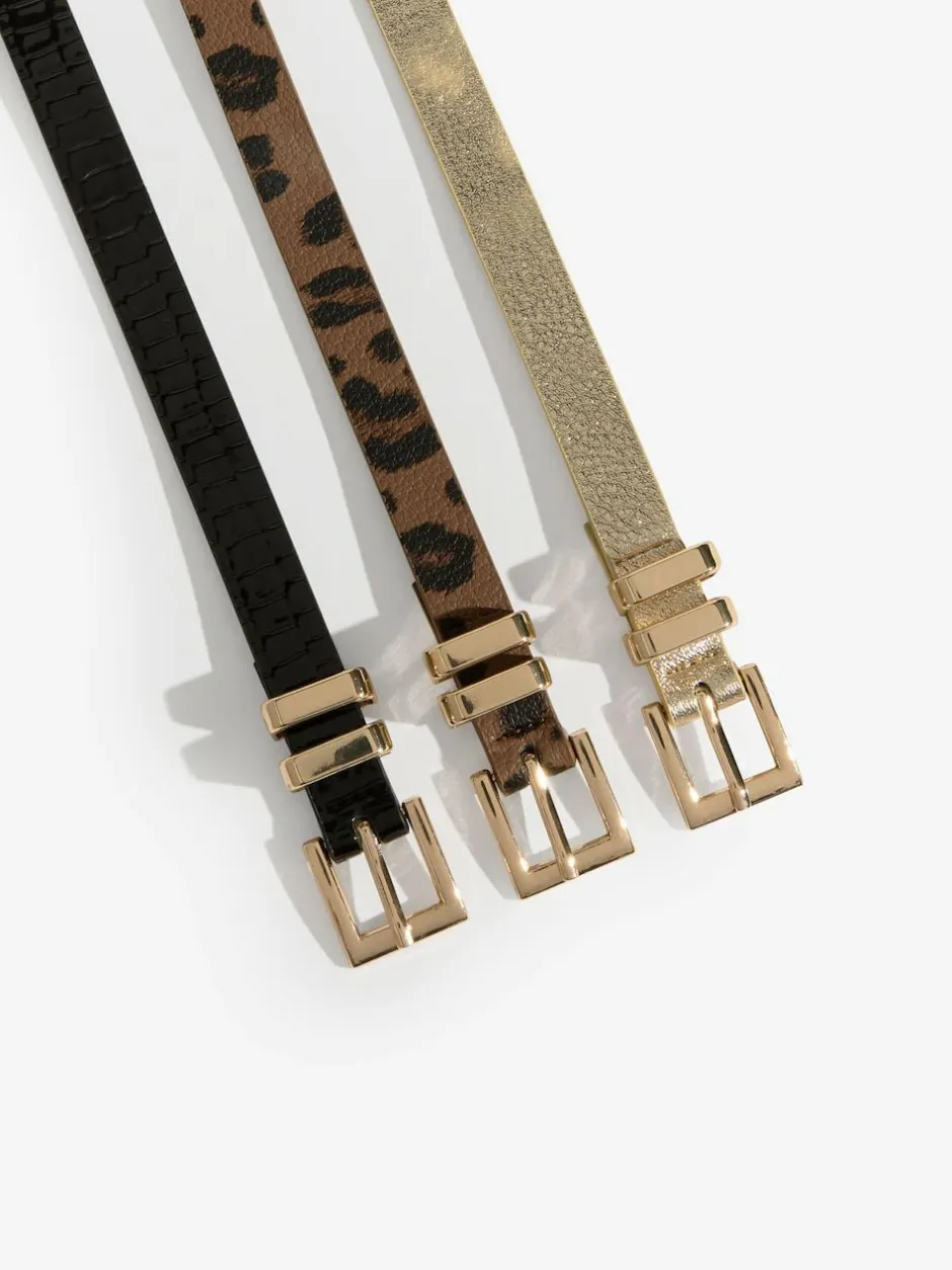 Lipsy Gold, Leopard & Black Skinny Belts 3 Pack Gold, Leopard & Black