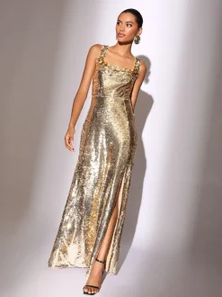 Lipsy Gold Petite Premium Flower Trim Sequin Square Neck Maxi Dress Online