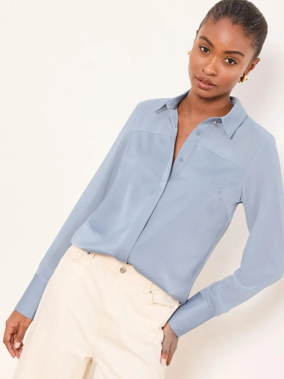 Lipsy Long Sleeve Satin Chiffon Mix Shirt Light Blue Best