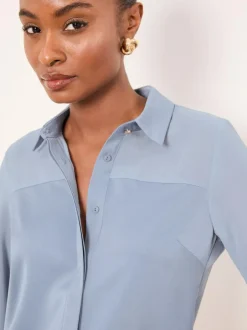Lipsy Long Sleeve Satin Chiffon Mix Shirt Light Blue Best
