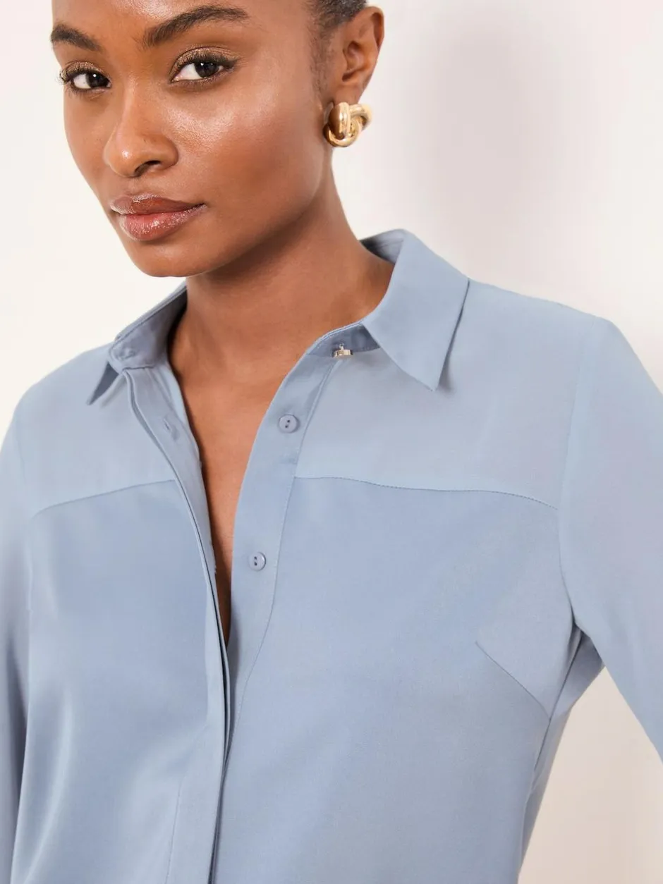 Lipsy Long Sleeve Satin Chiffon Mix Shirt Light Blue Best