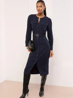 Lipsy Grandad Collar Belted Midi Button Through Shirt Dress Navy Blue Sale