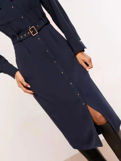 Lipsy Grandad Collar Belted Midi Button Through Shirt Dress Navy Blue Sale
