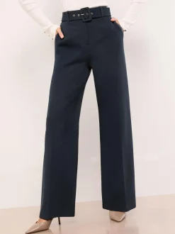 Lipsy Navy Blue Petite Belted Tailored Wide Leg Trousers Outlet