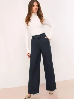 Lipsy Navy Blue Petite Belted Tailored Wide Leg Trousers Outlet