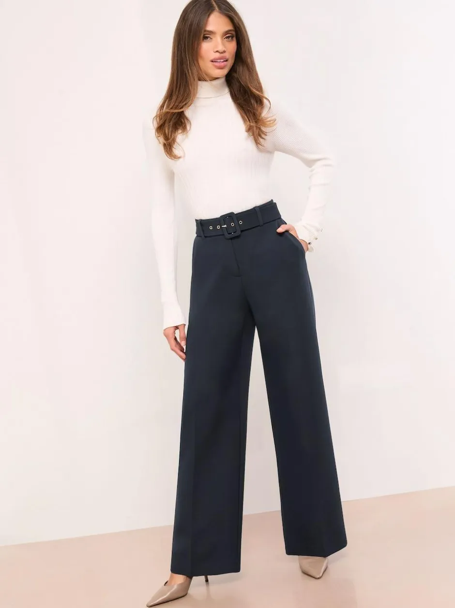 Lipsy Navy Blue Petite Belted Tailored Wide Leg Trousers Outlet