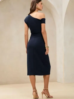 Lipsy Navy Off The Shoulder Gathered Waist Midi Dress Clearance