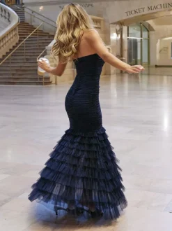 Lipsy Navy Premium Mesh Fishtail Bandeau Maxi Prom Dress Hot