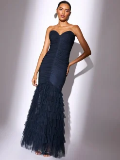 Lipsy Navy Premium Mesh Fishtail Bandeau Maxi Prom Dress Hot