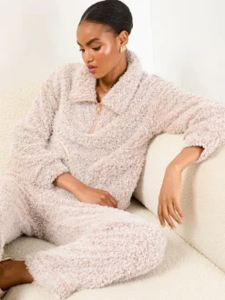 Lipsy Neutral Cosy Half Zip Pyjamas Set