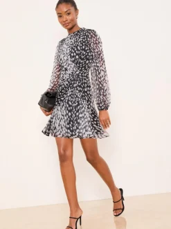 Lipsy Neutral Petite Animal Print Gathered Waist Woven Mini Dress