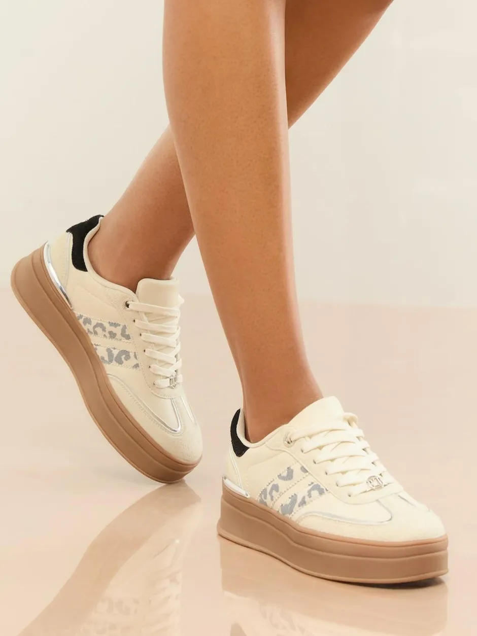 Lipsy Off White Leopard Standard Fit Print Side Stripe Chunky Gum Sports Trainers Sale