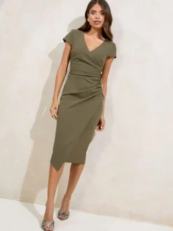 Lipsy Olive Green Short Sleeve Ruched Asymmetric Detail Midi Dress Online