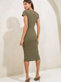 Lipsy Olive Green Short Sleeve Ruched Asymmetric Detail Midi Dress Online