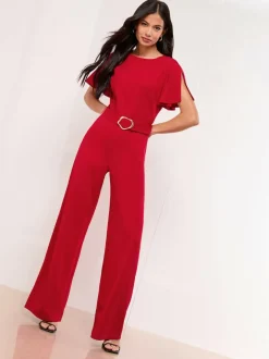 Lipsy Petite Short Sleeve Hardware Jumpsuit Red