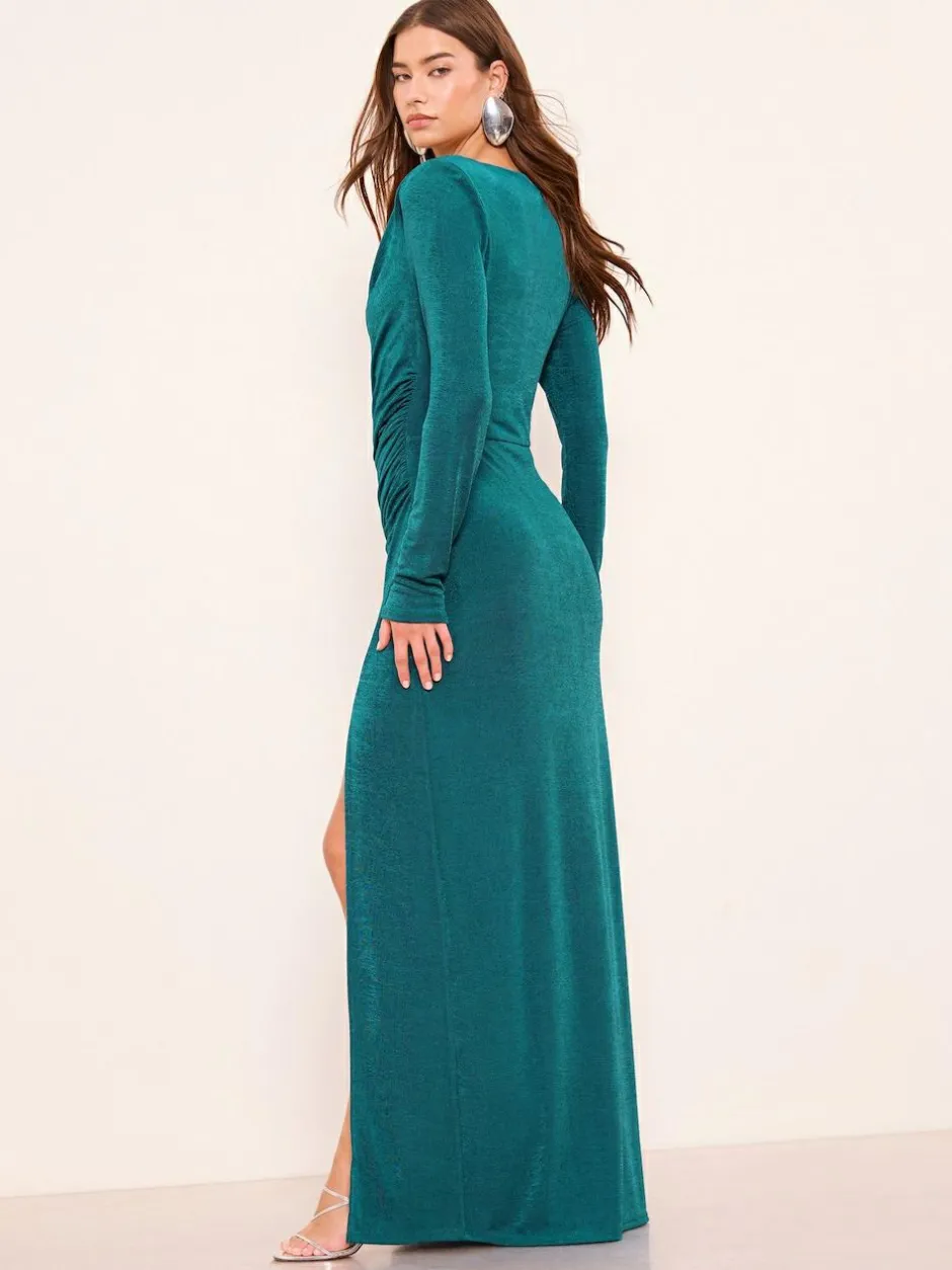 Lipsy Teal Blue Cowl Neck Long Sleeve Slinky Maxi Dress Discount