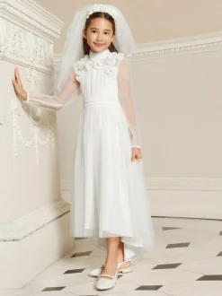Lipsy White Holy Communion Long Sleeve Mesh Corsage Occasion Dress (7-11yrs) New