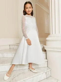 Lipsy White Holy Communion Long Sleeve Lace Satin Occasion Dress (7-11yrs) Clearance