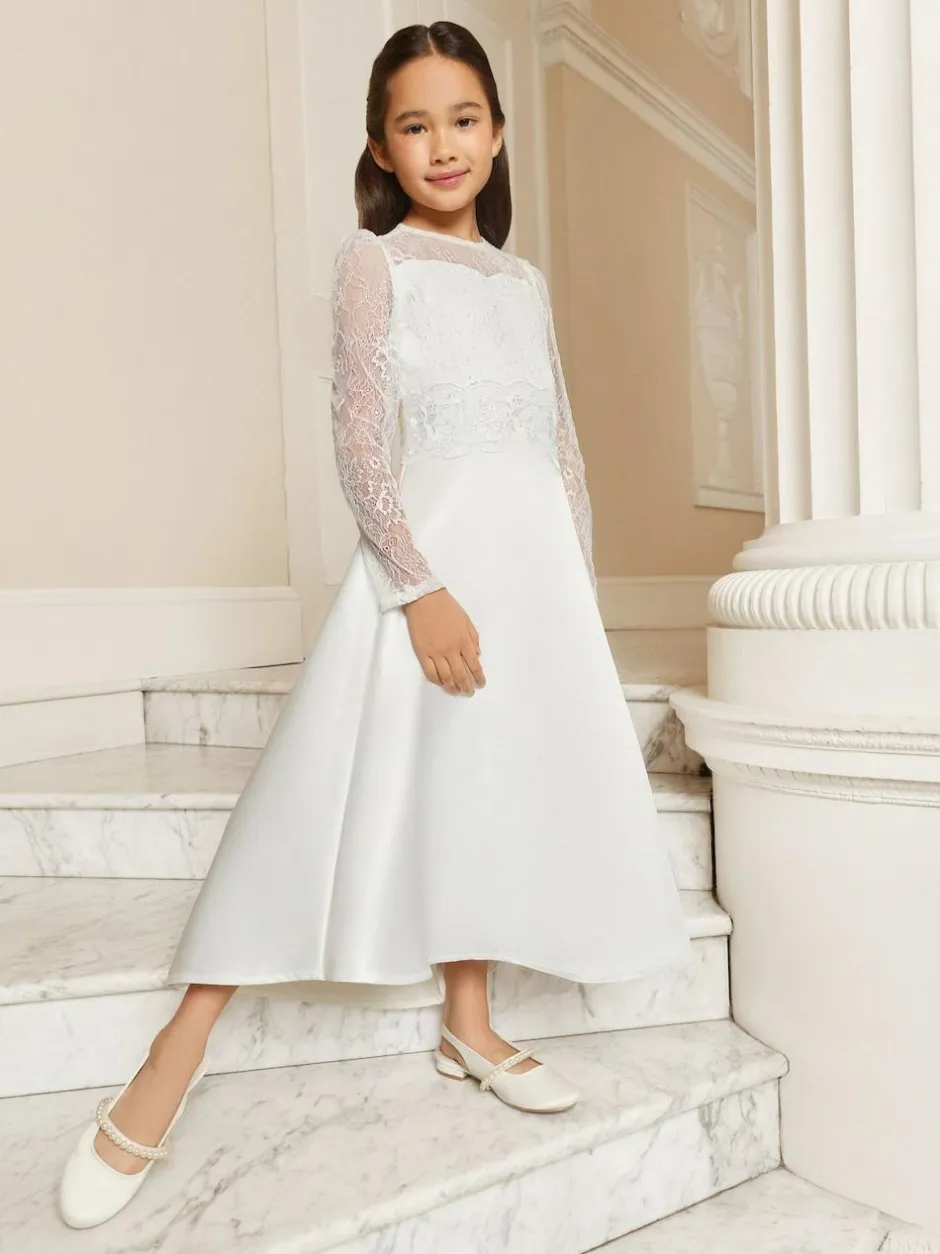 Lipsy White Holy Communion Long Sleeve Lace Satin Occasion Dress (7-11yrs) Clearance