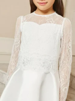 Lipsy White Holy Communion Long Sleeve Lace Satin Occasion Dress (7-11yrs) Clearance