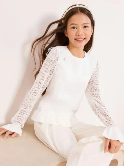 Lipsy White Knit Peplum Lace Occasion Jumper (5-16yrs) Clearance