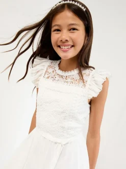 Lipsy Lace Front Flutter Sleeve Occasion Dress (5-16yrs) White Best