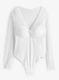 Lipsy Lace Long Sleeve Padded Thong Bodysuit White Discount