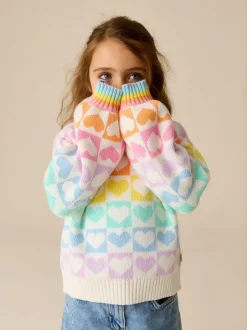 Little Bird by Jools Oliver Knitted Colourblock Jumper Pastel Rainbow Hearts New