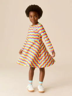 Little Bird by Jools Oliver Long Sleeve Skater Dress Rainbow Wave Clearance