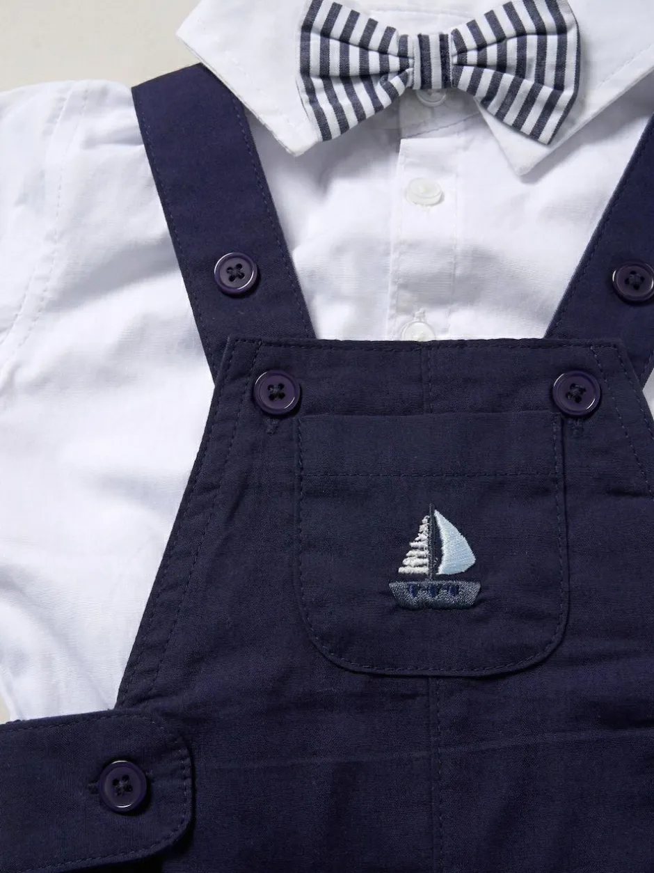 Little Gent 100% Cotton Bodysuit Shirt Dungarees and Bowtie Outfit Set Light Blue Online