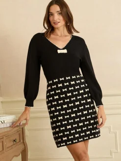 Love & Roses Black Bow Print V-Neck Knitted Mini Dress New