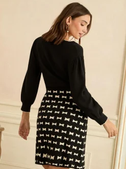 Love & Roses Black Bow Print V-Neck Knitted Mini Dress New