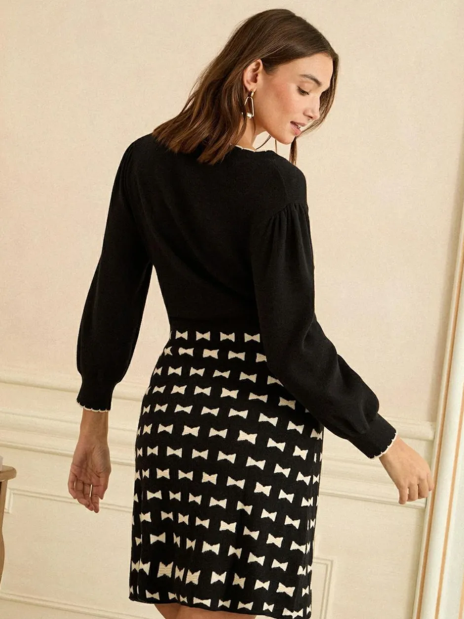 Love & Roses Black Bow Print V-Neck Knitted Mini Dress New