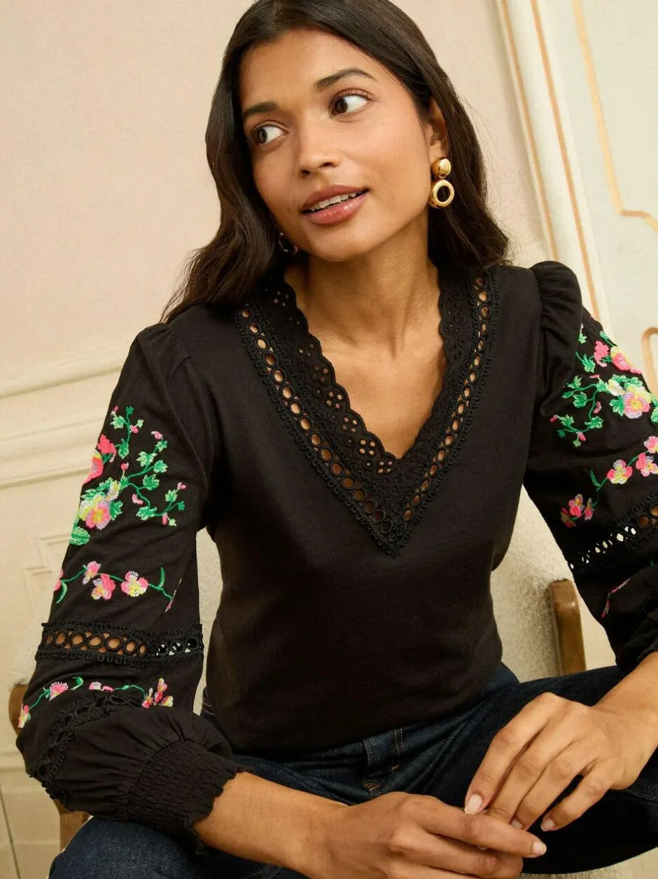 Love & Roses Black Floral Embrodiery Lace Insert V-Neck Long Sleeve Top Discount