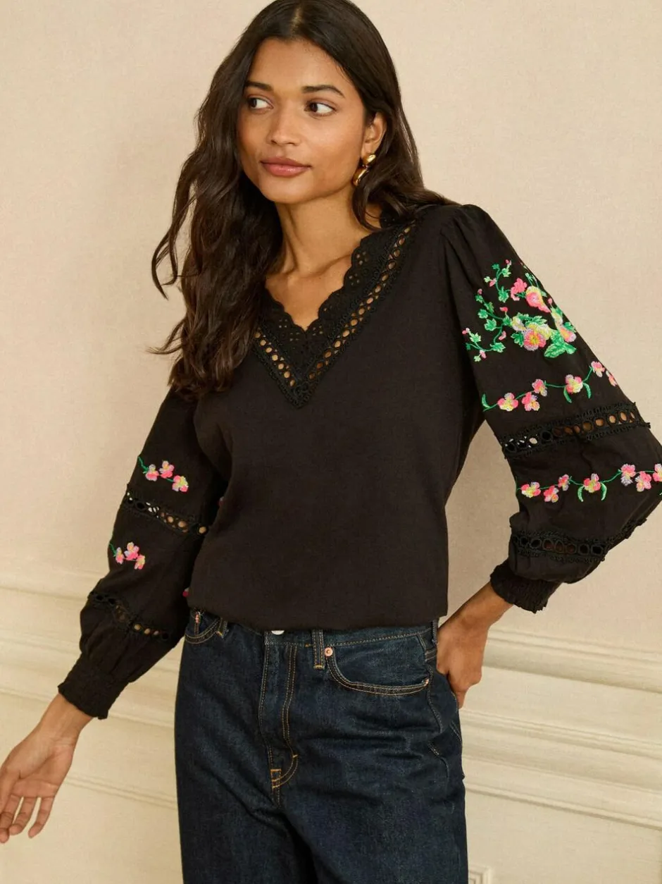 Love & Roses Black Floral Embrodiery Lace Insert V-Neck Long Sleeve Top Discount