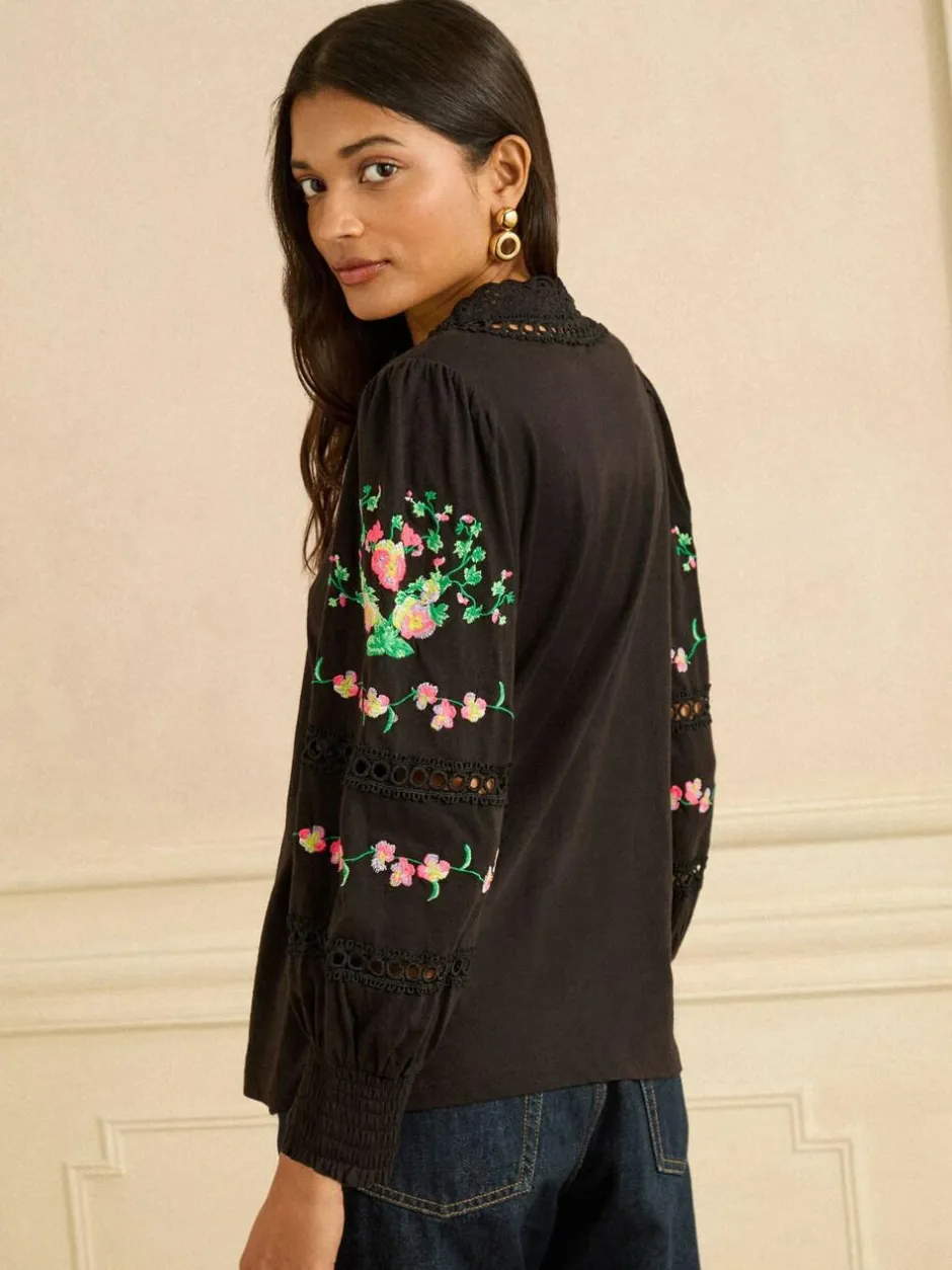 Love & Roses Black Floral Embrodiery Lace Insert V-Neck Long Sleeve Top Discount