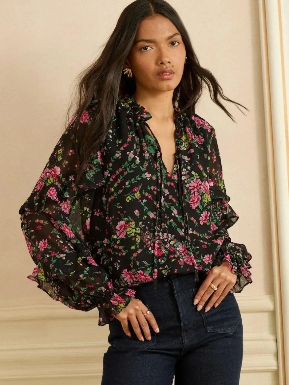 Love & Roses Black Floral Notch Neck Frill Cuff Blouse Clearance
