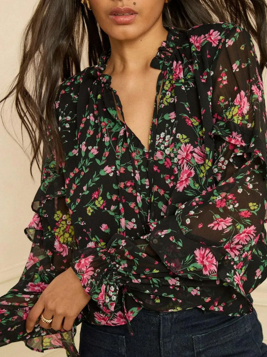Love & Roses Black Floral Notch Neck Frill Cuff Blouse Clearance