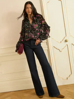 Love & Roses Black Floral Notch Neck Frill Cuff Blouse Clearance