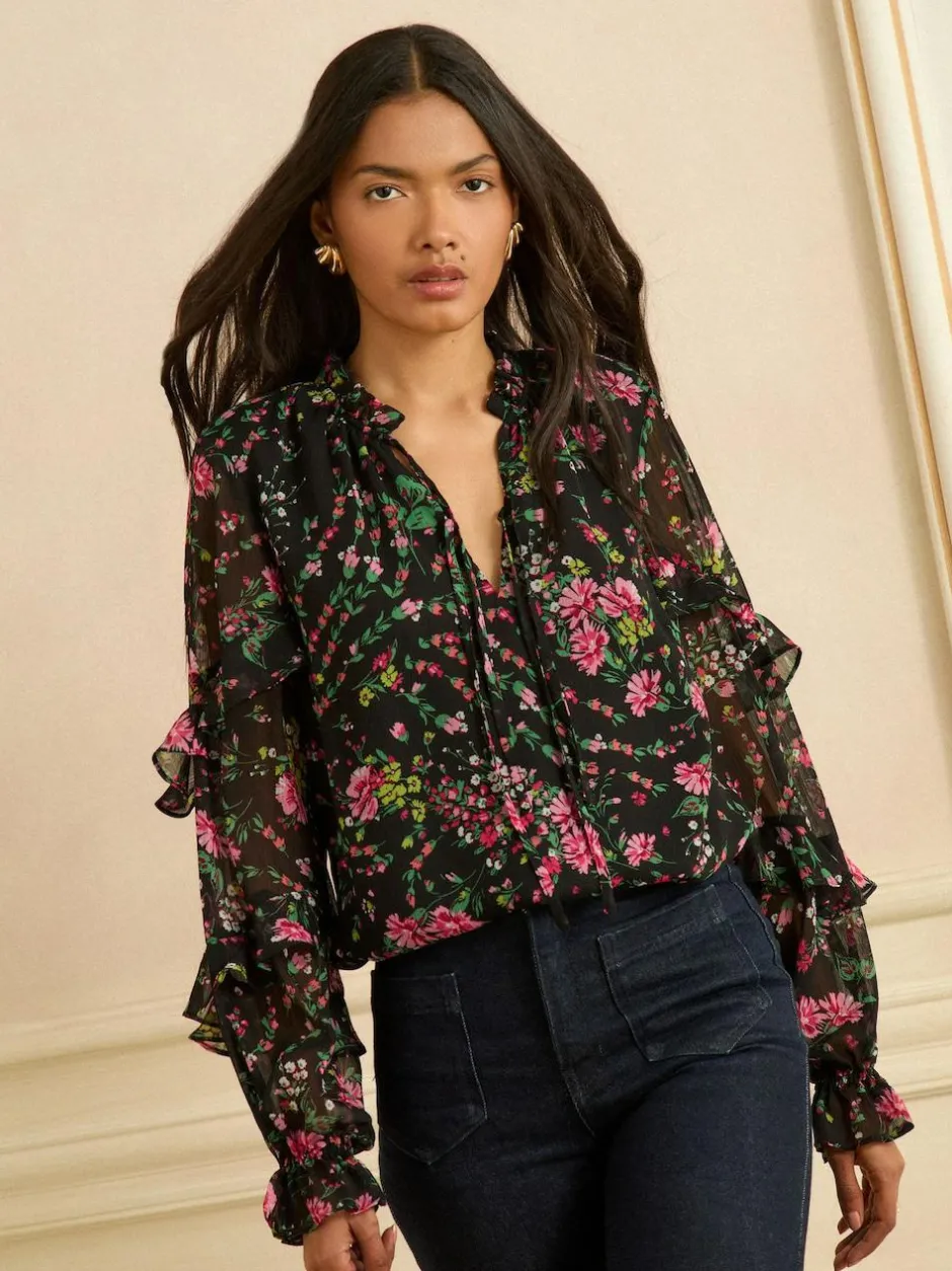 Love & Roses Black Floral Notch Neck Frill Cuff Blouse Clearance