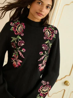 Love & Roses Black Floral Embroidery Cosy Jumper Dress New