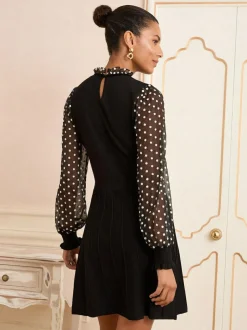 Love & Roses Frill Neck Chiffon Sleeve Knitted Mini Dress Black Floral Spot Frill Neck Sale
