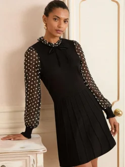 Love & Roses Frill Neck Chiffon Sleeve Knitted Mini Dress Black Floral Spot Frill Neck Sale