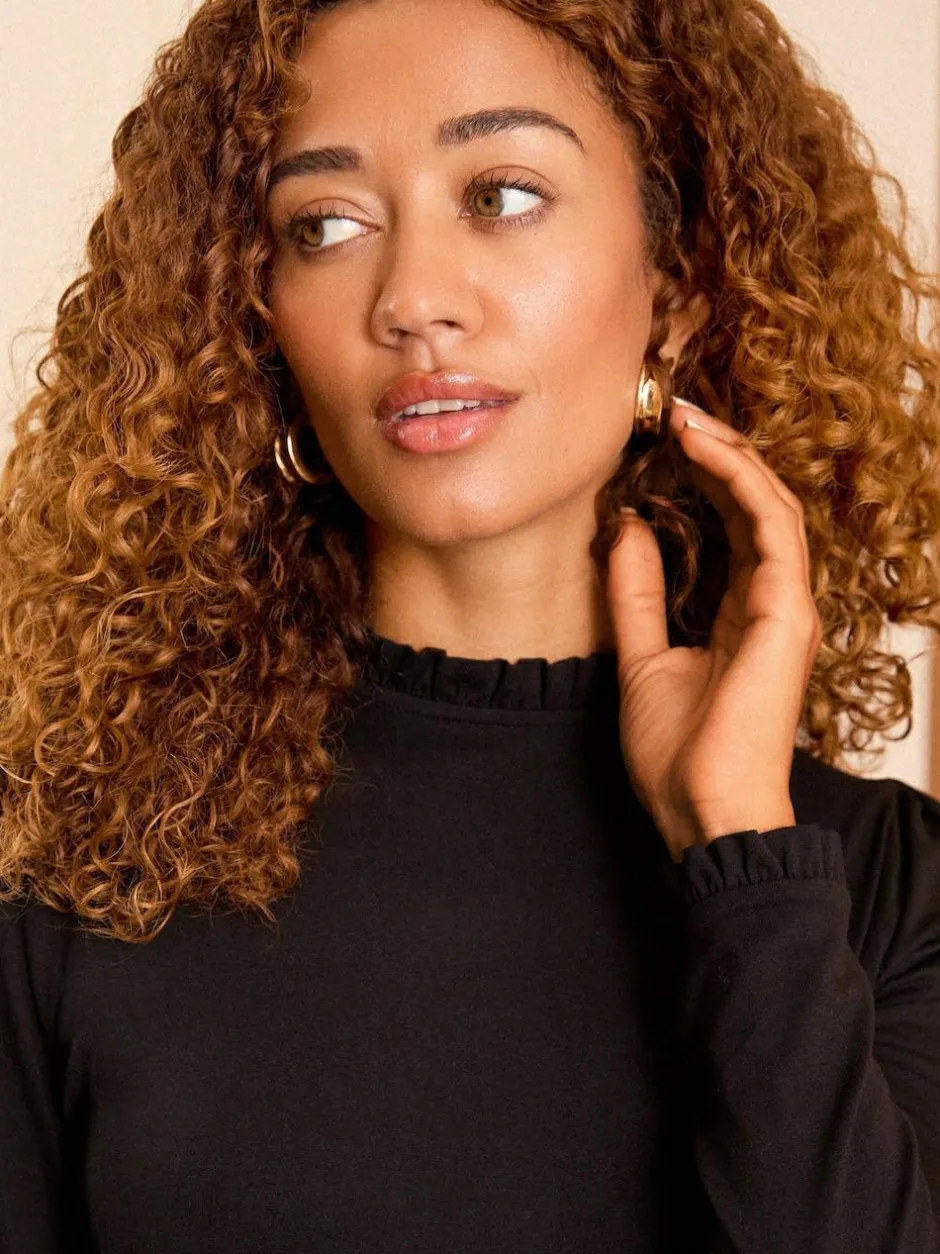 Love & Roses Black Frill Neck Long Sleeve Jersey Top