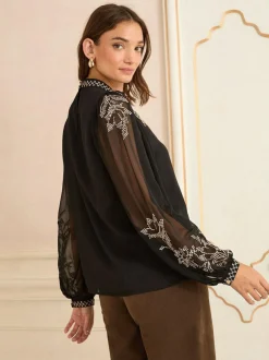Love & Roses Black Gold Embroidery Long Sleeve High Neck Blouse Hot